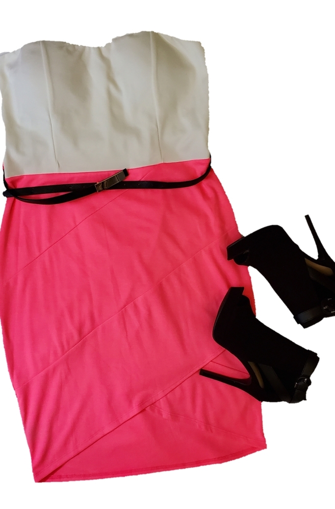 Ivory & Neon Pink Strapless Dress